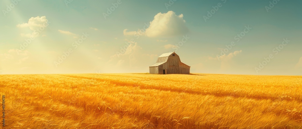 Golden wheat field with crops swaying in the breeze, a rustic barn in the distance, and a clear, expansive sky above Golden wheat field with crops swaying in the breeze, a rustic barn in the distance, and a clear, expansive sky above