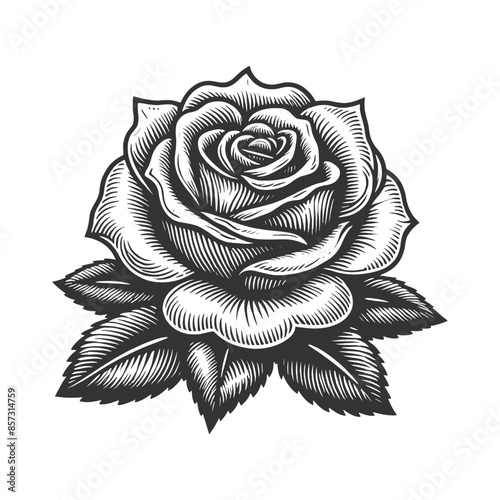 rose flower tattoo with detailed leaves, perfect for tattoos or botanical designs sketch engraving generative ai vector illustration. Scratch board imitation. Black and white image.