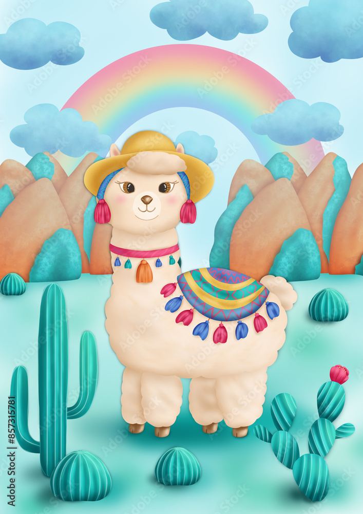 The cutest lama on a background of mountains and rainbows The cutest lama on a background of mountains and rainbows