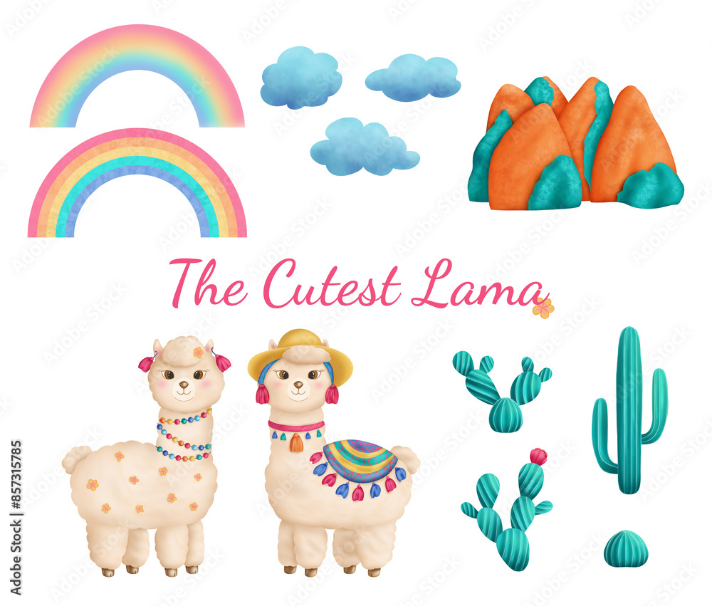 Fototapeta premium Set of elements. Lamas, rainbow, clouds, mountains, cacti.