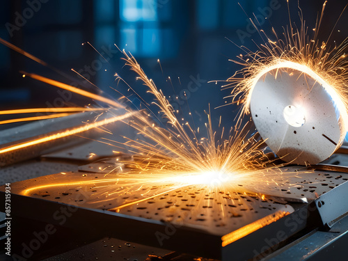 Background sparks fire fly machine cnc cut metall laser cutting metal industry welding processing production steel metallurgy plant spark part manufacturing equipment factory technology.