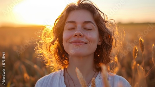 Serene sunset portrait woman smiles happily in backlit field, savoring life s beauty