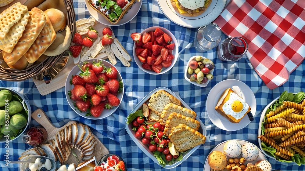 Patriotic Picnic Spread with Red White and Blue Foods in Minimalist Art Patriotic Picnic Spread with Red White and Blue Foods in Minimalist Art