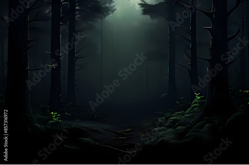 night view of the forest with a dark background, trees mountains land hills valleys at night, Generative AI photo