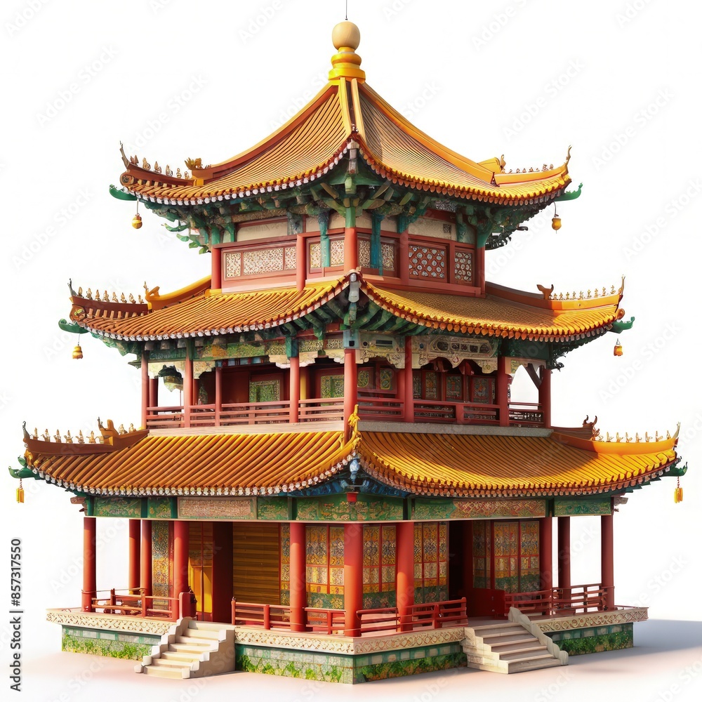 A Traditional Chinese Pagoda Isolated Against a White Background. Generative AI A Traditional Chinese Pagoda Isolated Against a White Background. Generative AI