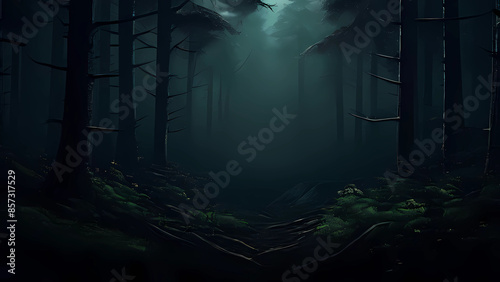 night view of the forest with a dark background, trees mountains land hills valleys at night, Generative AI photo