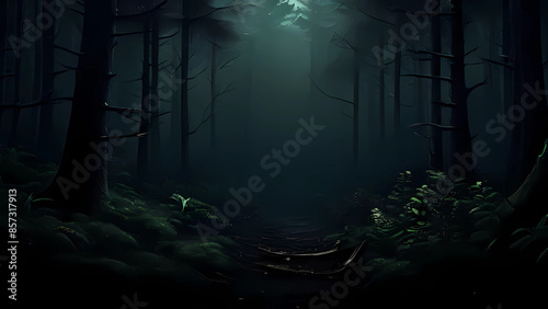 night view of the forest with a dark background, trees mountains land hills valleys at night, Generative AI photo