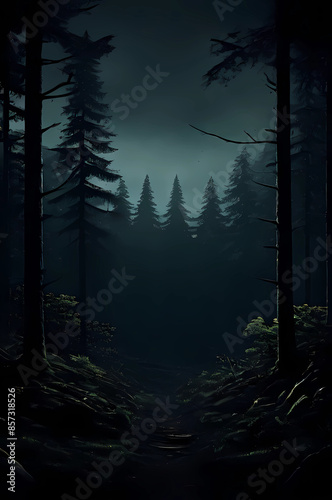 night view of the forest with a dark background, trees mountains land hills valleys at night, Generative AI photo