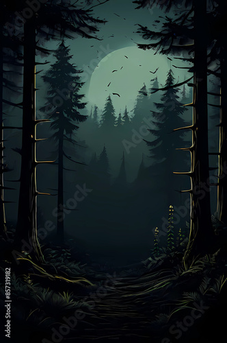 night view of the forest with a dark background, trees mountains land hills valleys at night, Generative AI photo