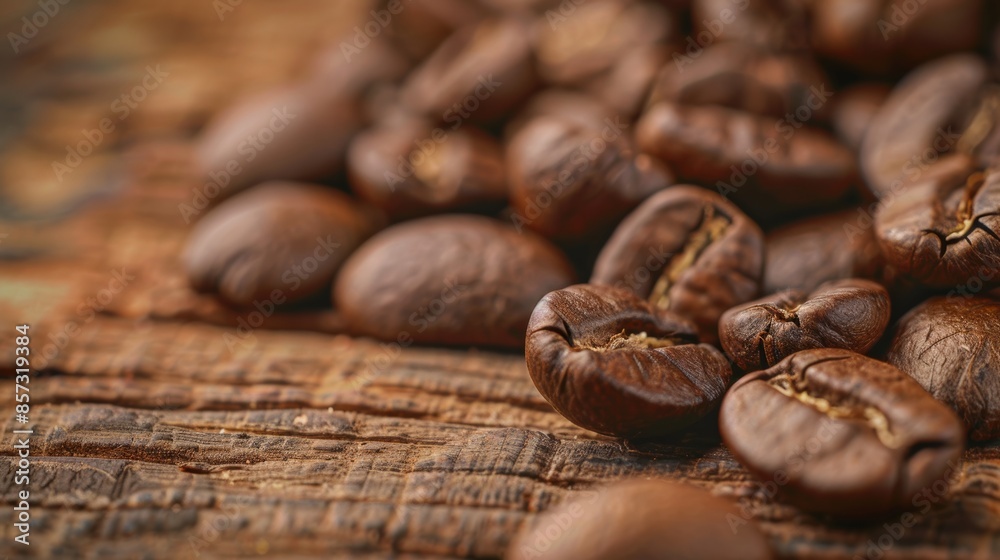 Close-up of roasted coffee beans on rustic wooden surface Close-up of roasted coffee beans on rustic wooden surface