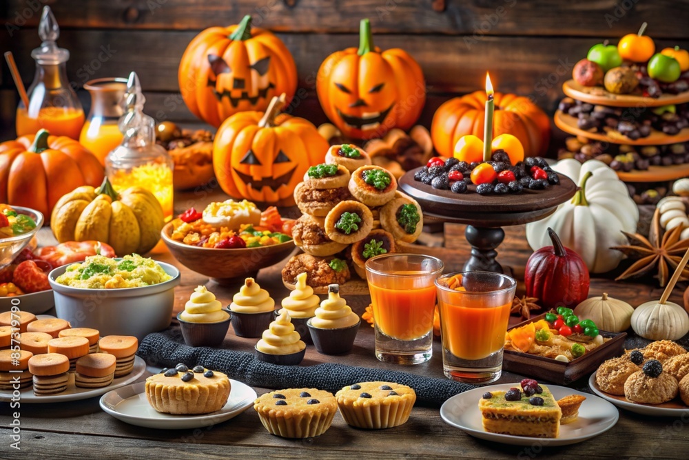 Tables with Halloween-themed snacks and drinks Tables with Halloween-themed snacks and drinks