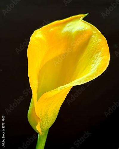Closeup of a yellow calla lilly on a black background