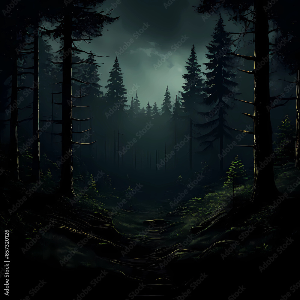 Fototapeta premium night view of the forest with a dark background, trees mountains land hills valleys at night, Generative AI