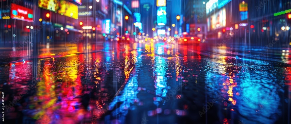 Fototapeta premium Higefinition background of a vibrant city street in the rain, with reflections and colorful lights, suitable for urban and dramatic themes