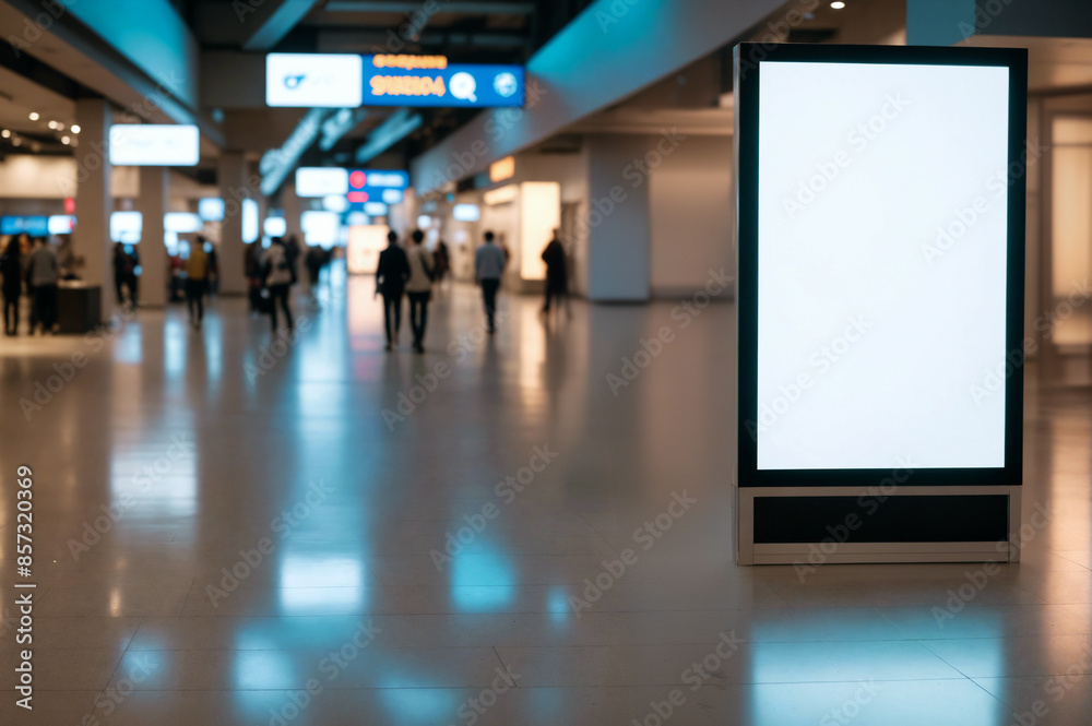 Blank smart kiosk mockup standing in a busy airport, blurred people. Empty template of touch screen in modern hallway. Blank smart kiosk mockup standing in a busy airport, blurred people. Empty template of touch screen in modern hallway.