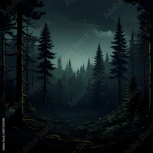 night view of the forest with a dark background, trees mountains land hills valleys at night, Generative AI photo