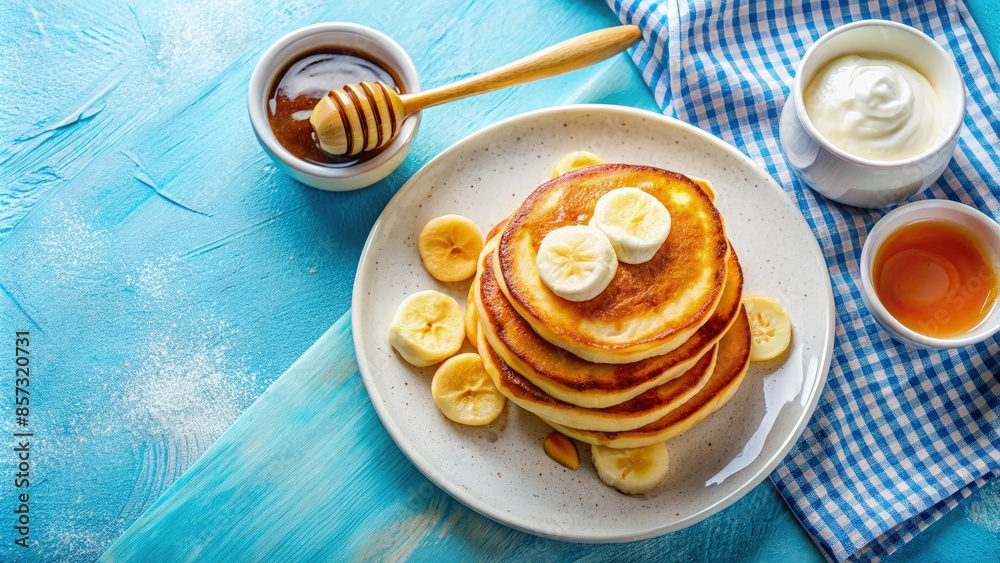 A Delicious Breakfast Setup With Pancakes, Bananas, and Honey. Generative AI A Delicious Breakfast Setup With Pancakes, Bananas, and Honey. Generative AI