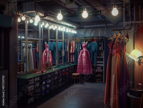 Backstage Dressing Room with Gowns and Lights.