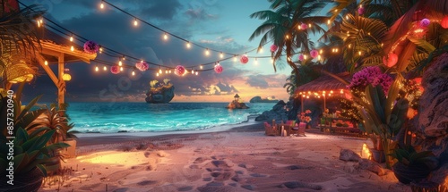 Highdefinition 8K image of a vibrant beach party, with colorful decorations and lively atmosphere, suitable for festive and tropical themes © Starkreal