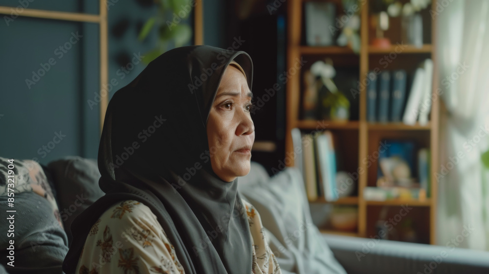 Portrait of Malay women in hijab sitting on the sofa in the living room. Young Arab women in closed clothes indoors. Portrait of Malay women in hijab sitting on the sofa in the living room. Young Arab women in closed clothes indoors.