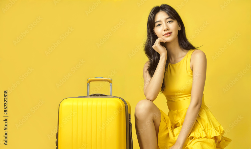 Studio portrait of a young Asian tourist woman with a suitcase in a thoughtful pose. Travel concept on yellow background. Studio portrait of a young Asian tourist woman with a suitcase in a thoughtful pose. Travel concept on yellow background.