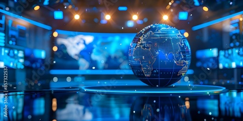 Photo of a news studio with blue lights and a globe. Concept News Studio, Blue Lights, Globe Display, Broadcasting Equipment, Professional Setting photo
