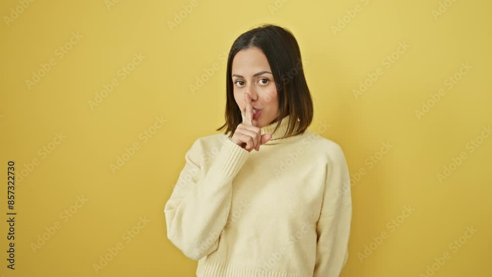 Young beautiful hispanic woman wearing sweater standing asking to be quiet with finger on lips. silence and secret concept. over isolated yellow background Young beautiful hispanic woman wearing sweater standing asking to be quiet with finger on lips. silence and secret concept. over isolated yellow background