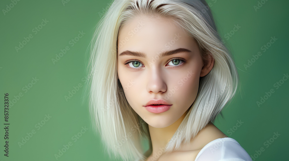 Fototapeta premium Portrait of a serious aggressive blonde teenage girl with white long hair with perfect skin, green background, banner.