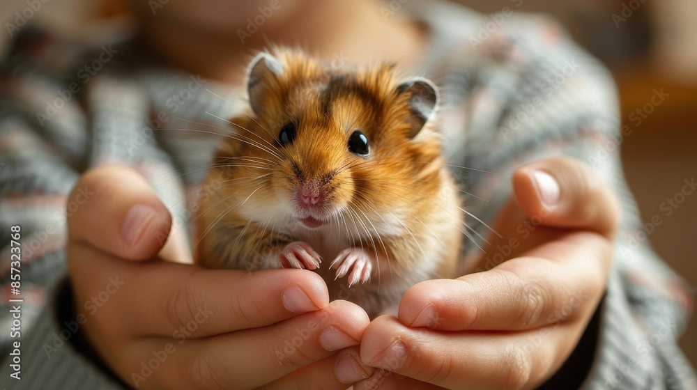 A cute hamster is gently held in two hands with a striped sweater in the background. The hamster's tiny features and fur detail are highlighted, promoting a sense of warmth and care. A cute hamster is gently held in two hands with a striped sweater in the background. The hamster's tiny features and fur detail are highlighted, promoting a sense of warmth and care.