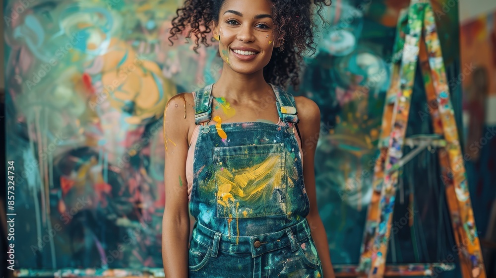 Fototapeta premium A young artist with curly hair stands confidently in front of her vibrant, abstract paintings, her denim overalls covered in paint splatters, showcasing her creative spirit.