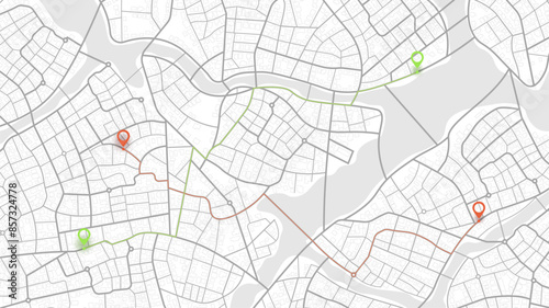 Online tracking on the map of several cars. Different routes on the city roads. Location in real time. Vector illustration