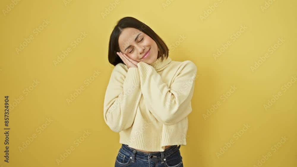 Beautiful young hispanic woman, cosily clad in a sweater, gently sleeps standing up! tired but with a dreamy smile, she poses with hands together; a stand out sight against the vivid yellow wall. Beautiful young hispanic woman, cosily clad in a sweater, gently sleeps standing up! tired but with a dreamy smile, she poses with hands together; a stand out sight against the vivid yellow wall.