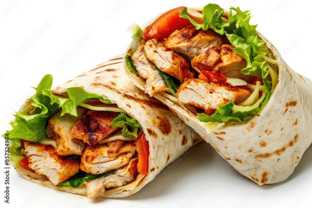 Enclosed Grilled Chicken Wrap on White Background. Tortilla Wrap with Chicken, Vegetables, and Salad Enclosed Grilled Chicken Wrap on White Background. Tortilla Wrap with Chicken, Vegetables, and Salad