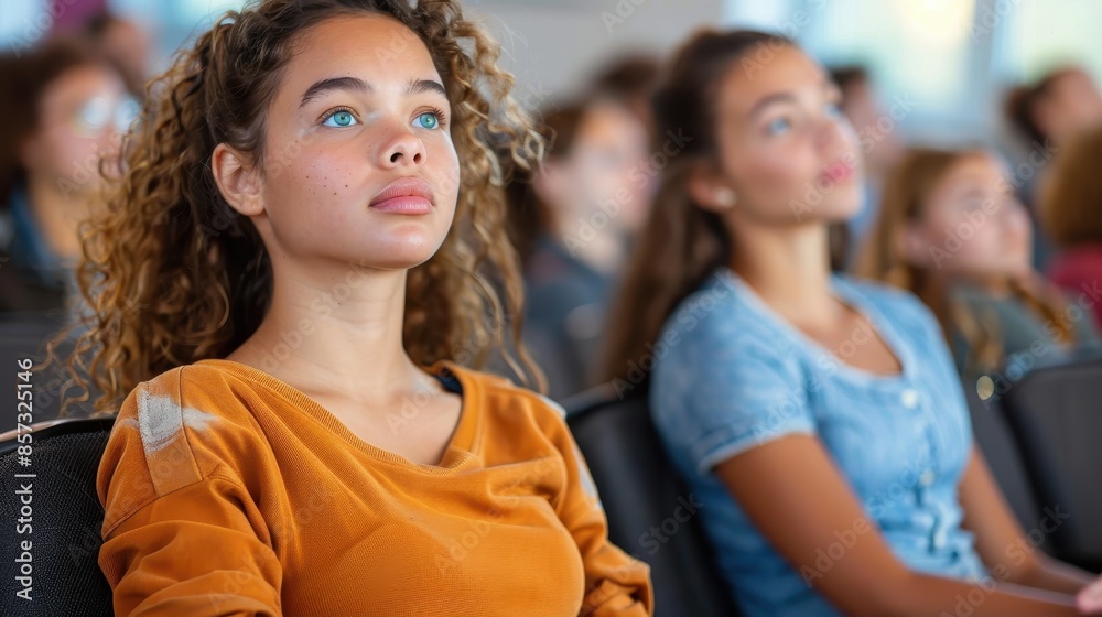 © Pinklife - A focused student with curly hair and light eyes sits attentively in a classroom, wearing an orange top, surrounded by peers who are also engaged in the class. © Pinklife - A focused student with curly hair and light eyes sits attentively in a classroom, wearing an orange top, surrounded by peers who are also engaged in the class.
