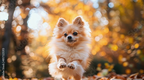 A fluffy dog jumps in an autumn forest, its playful energy visible as it leaps among fallen leaves. The vibrant foliage and golden light enhance the lively mood.