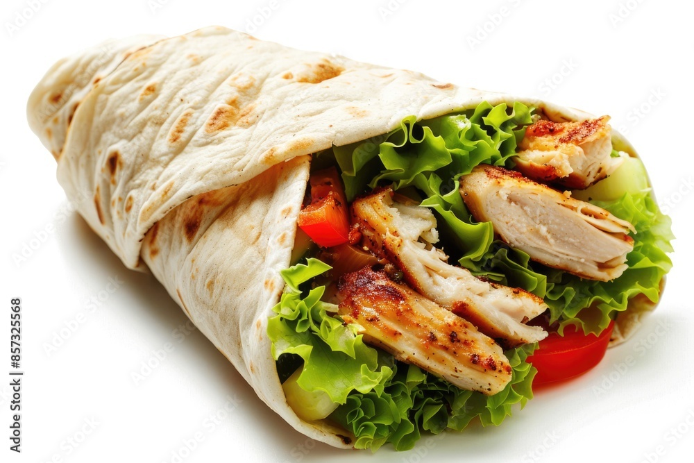 Grilled Chicken Wrap. Enclosed Tortilla with Fresh Chicken, Vegetables, and Salad on White Background Grilled Chicken Wrap. Enclosed Tortilla with Fresh Chicken, Vegetables, and Salad on White Background