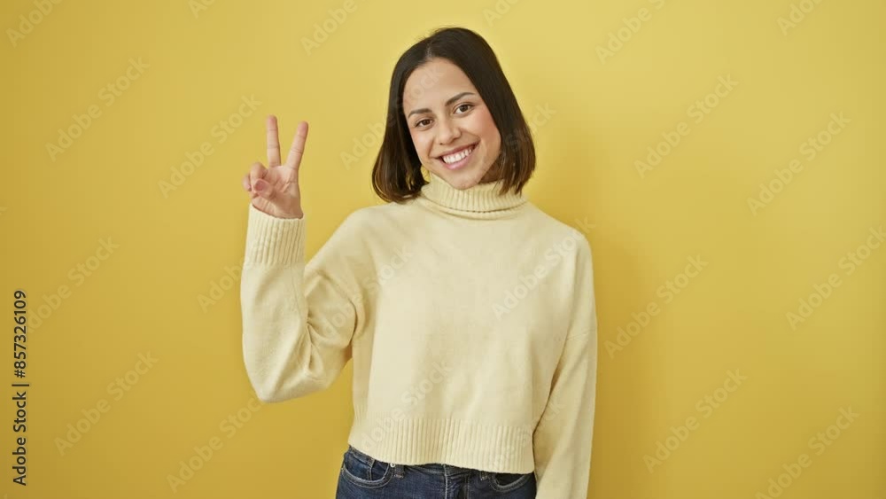 Cheerful young hispanic woman wearing a sweater, confidently smiling and showing the number two with her fingers, standing against a yellow isolated background Cheerful young hispanic woman wearing a sweater, confidently smiling and showing the number two with her fingers, standing against a yellow isolated background
