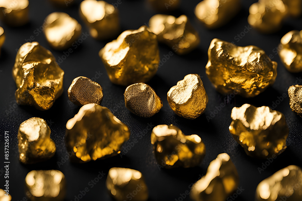 A treasure trove! A close-up photo showcases a pile of gleaming gold nuggets scattered on a dramatic black background. Ample copy space allows for your message. A treasure trove! A close-up photo showcases a pile of gleaming gold nuggets scattered on a dramatic black background. Ample copy space allows for your message.