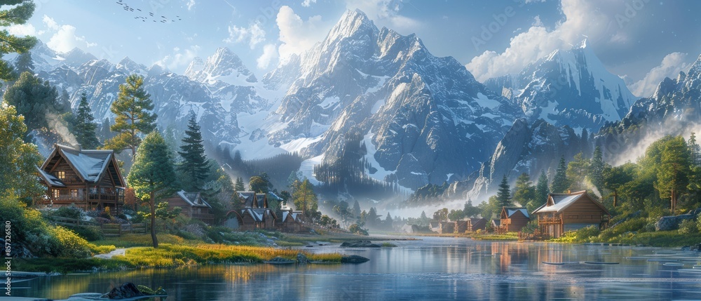 Idyllic mountain village with traditional wooden houses, snow-covered peaks, and a serene river flowing through the valley