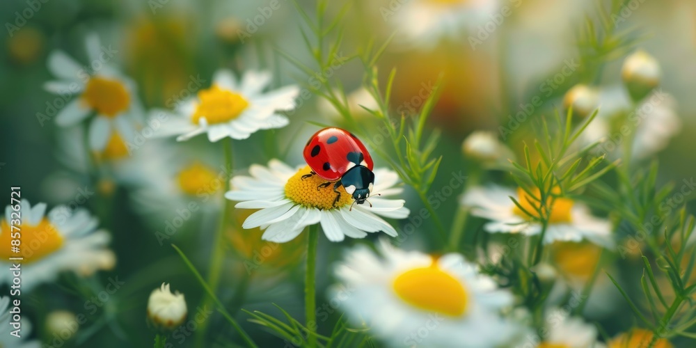 Fototapeta premium Ladybug Background. Macro Shot of a Red Coccinellidae Insect on a Chamomile Flower in Green Nature Setting