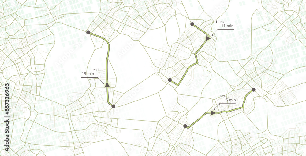 Fototapeta premium Online tracking on the map of several cars. Different routes on the city roads. Location in real time. Vector illustration