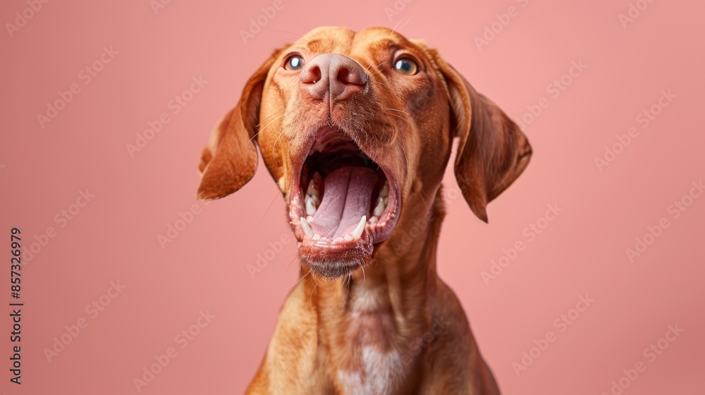 Vizsla, angry dog baring its teeth, studio lighting pastel background Vizsla, angry dog baring its teeth, studio lighting pastel background
