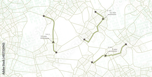 Online tracking on the map of several cars. Different routes on the city roads. Location in real time. Vector illustration