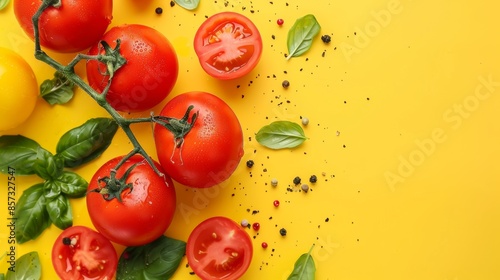 Fresh Vine Tomatoes with Basil and Spices on Bright Yellow Background  a colorful culinary composition © Juan
