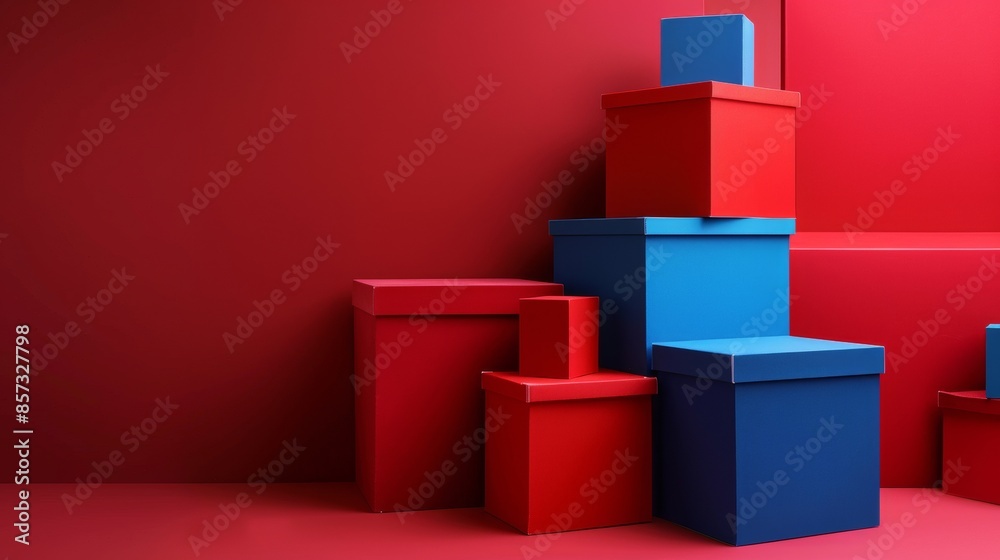 Obraz premium Colorful red and blue boxes stacked against a red background create a vibrant and modern decorative arrangement