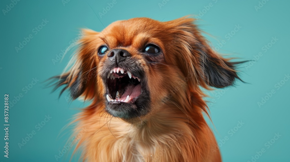 Pekingese, angry dog baring its teeth, studio lighting pastel background