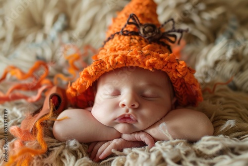 Baby Halloween. Cute Newborn Girl in Sorcerer Costume with Pumpkin Hat