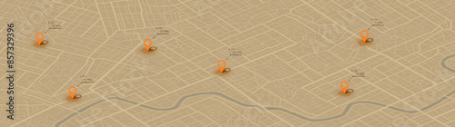 Online location tracking. Huge city map with roads streets as background. City map in yellow and orange colors. Vector illustration