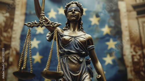 Themis, goddess of justice,  In the background, union UE flag
