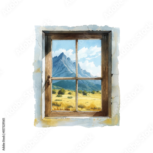 window with mountain view vector illustration in watercolor style